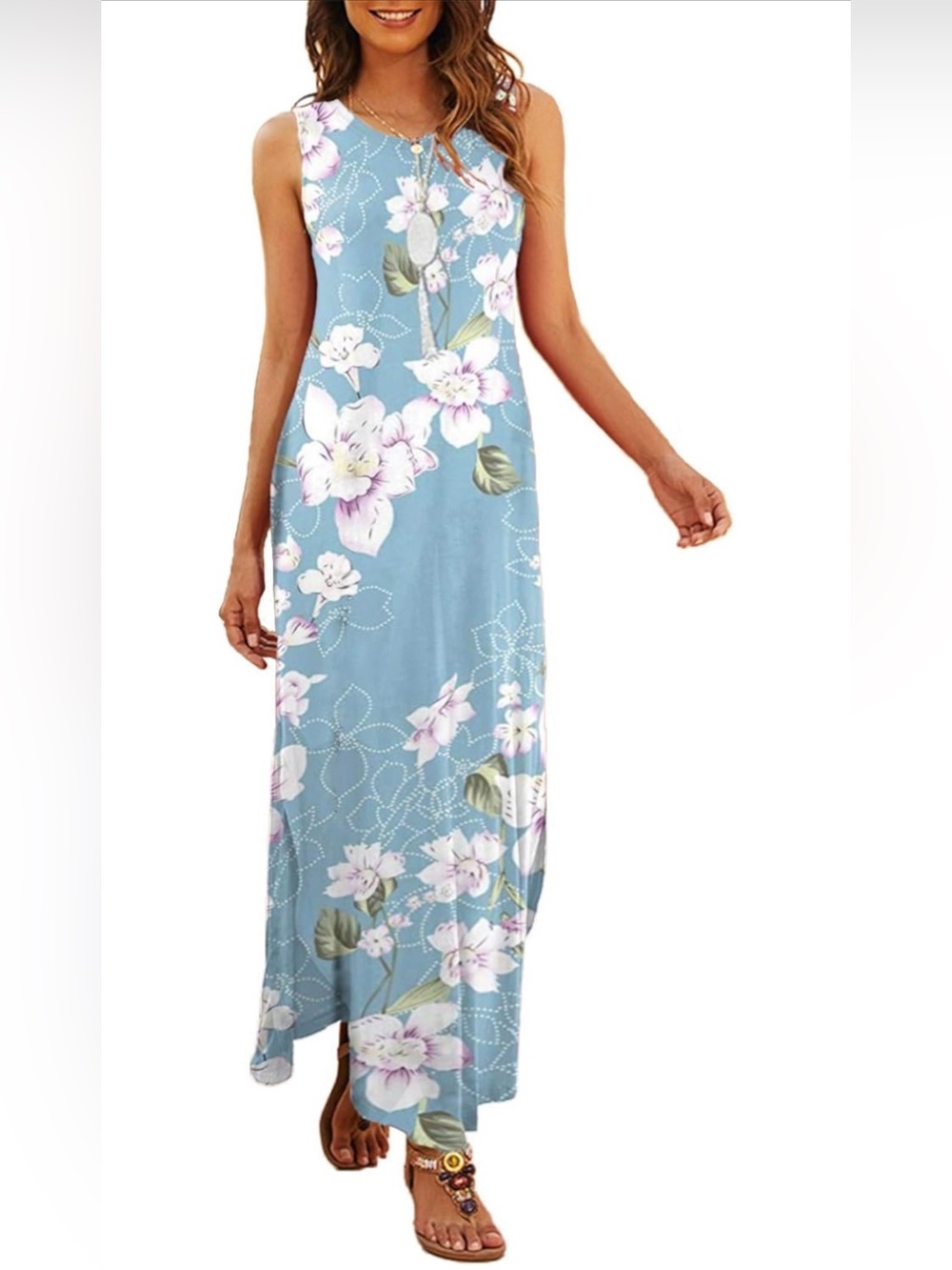 Hount Floral Sleeveless Loose Split Maxi Dress In Baby Blue Size L - NWOT